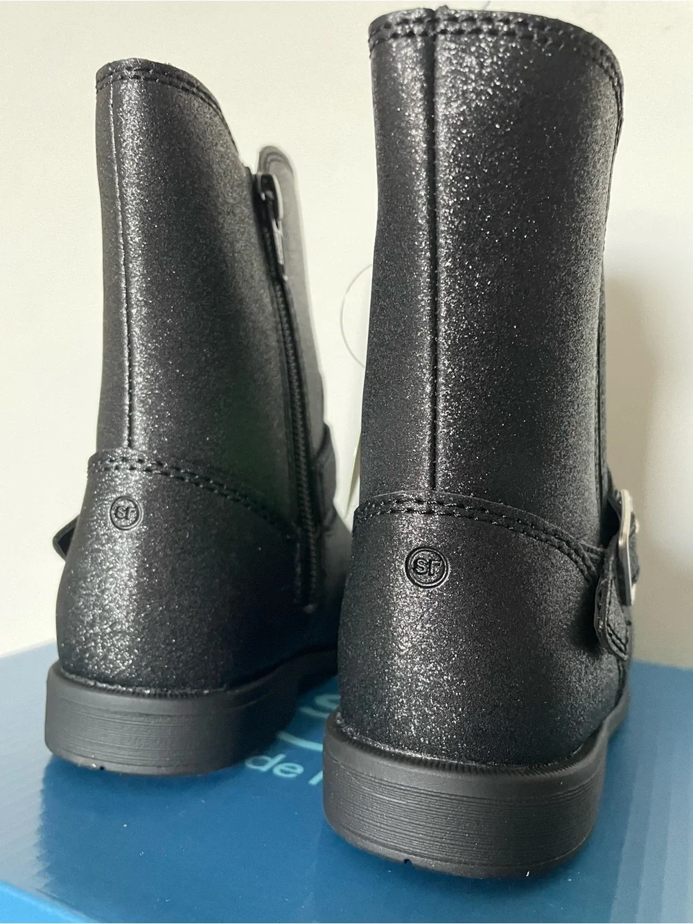 Stride Rite Sr Lizz Black Shimmer Boots Toddler Girl Zip Stars Mid Calf NEW Box